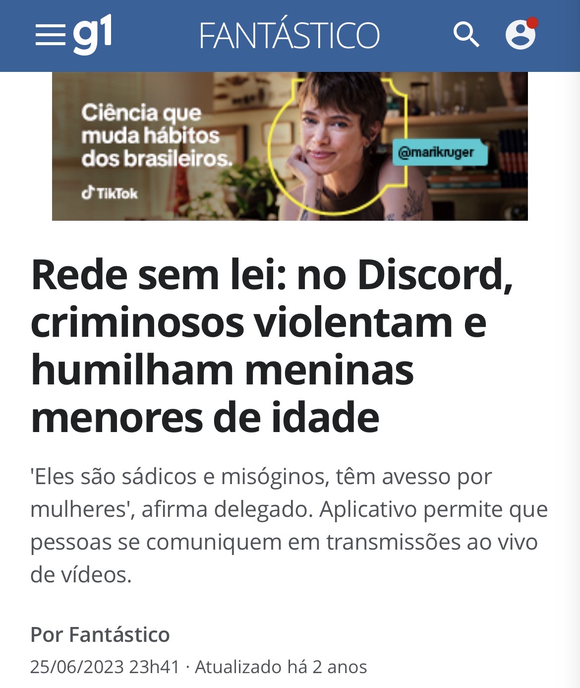 Notícia G1 Fantástico sobre Discord