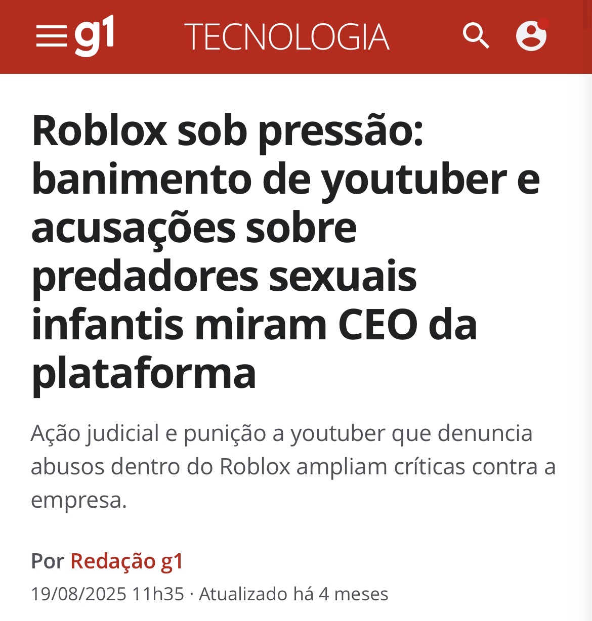 Notícia G1 Tecnologia sobre Roblox